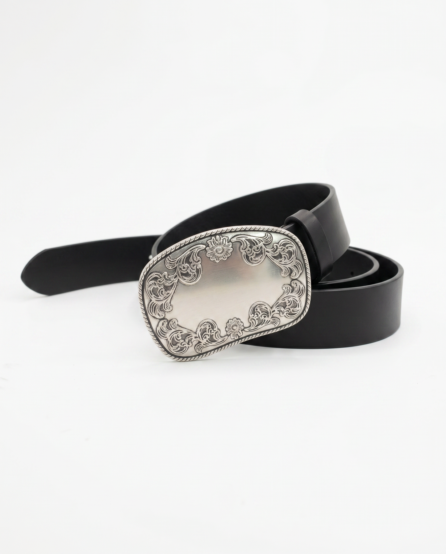 Rectangular belt with embroidered buckle - Black