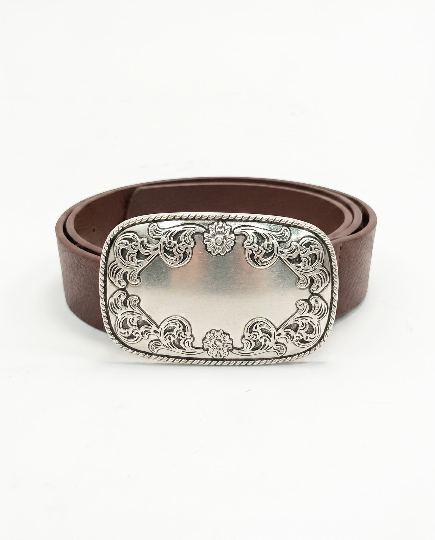 Rectangular belt with embroidered buckle - Brown