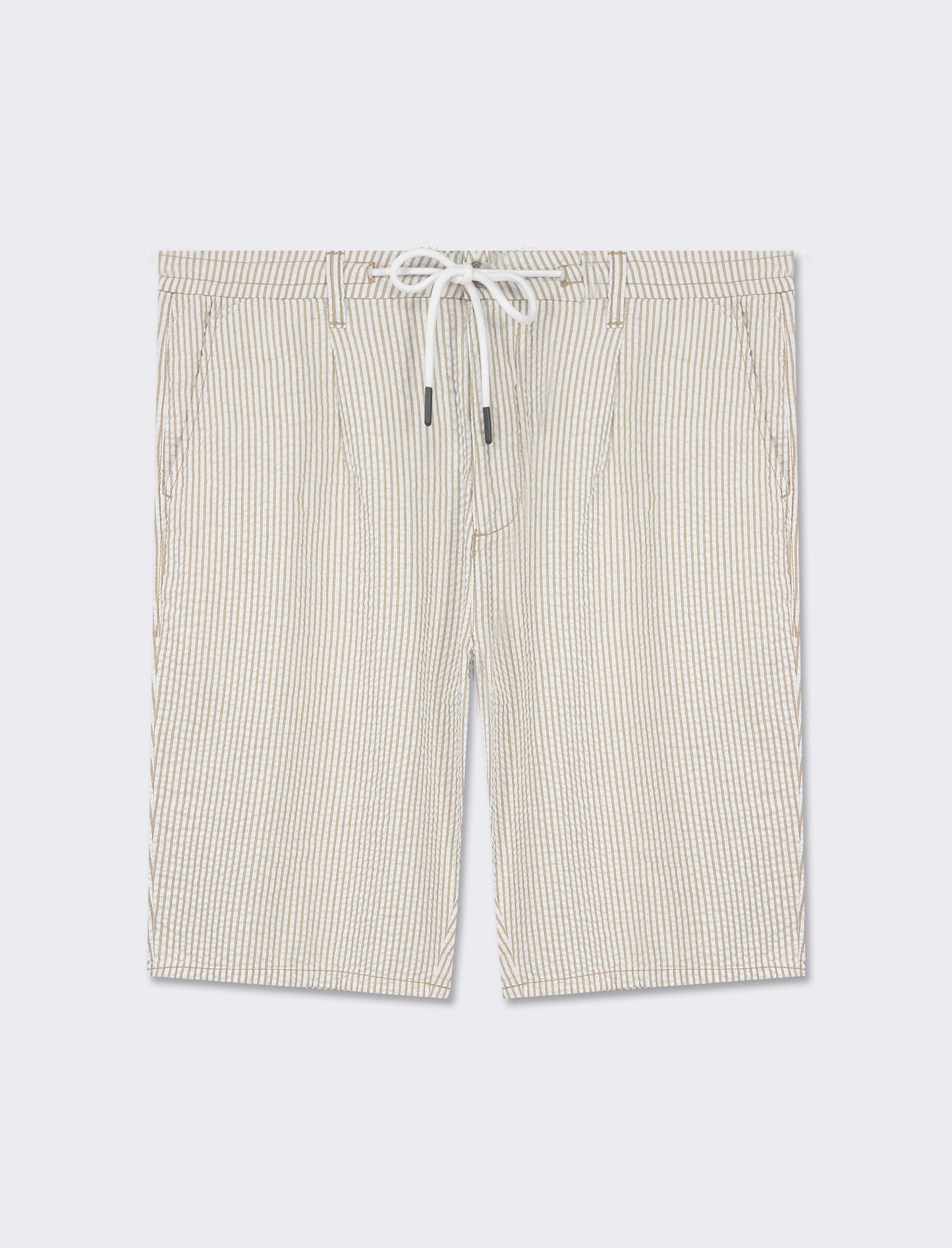 Cotton Seersucker Striped Bermuda Shorts with Adjustable Waistband - Beige