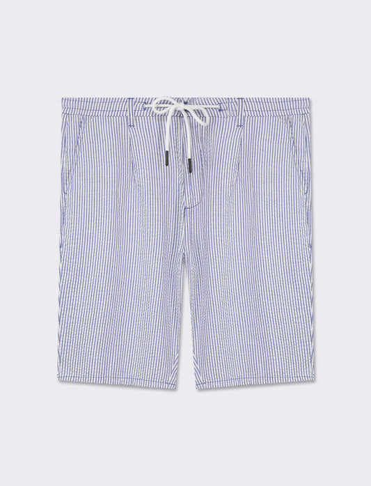 Cotton Seersucker Striped Bermuda Shorts with Adjustable Waistband - Blue