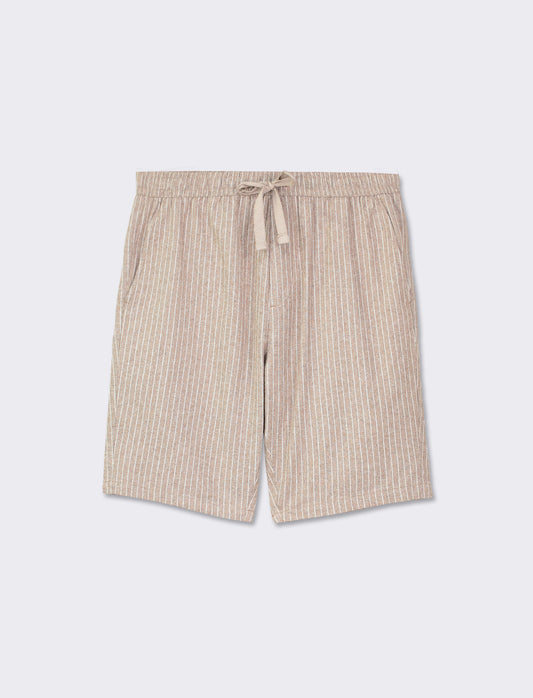 Linen Blend Striped Bermuda Shorts with Adjustable Elastic Waist - Grey