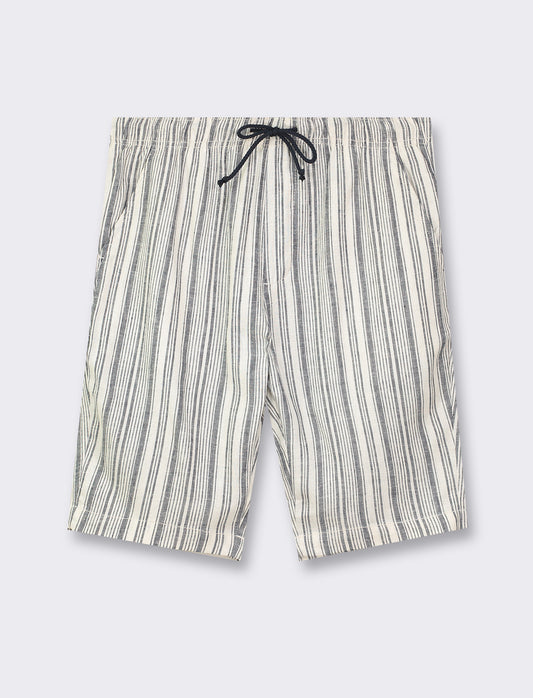 Linen Blend Striped Bermuda Shorts with Adjustable Elastic Waist - Blue