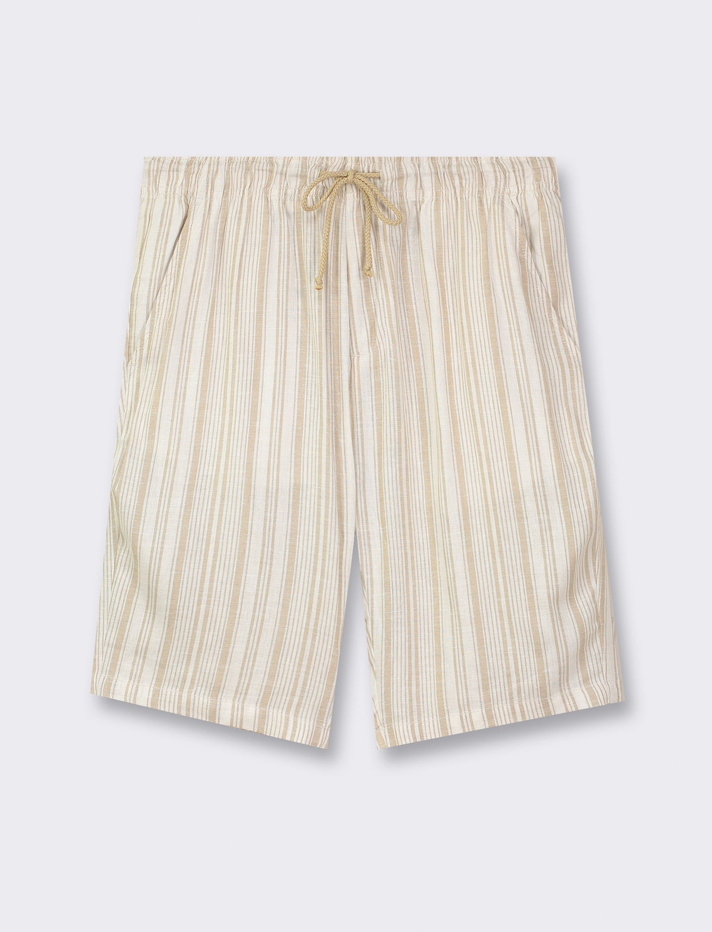 Linen Blend Striped Bermuda Shorts with Adjustable Elastic Waist - Beige