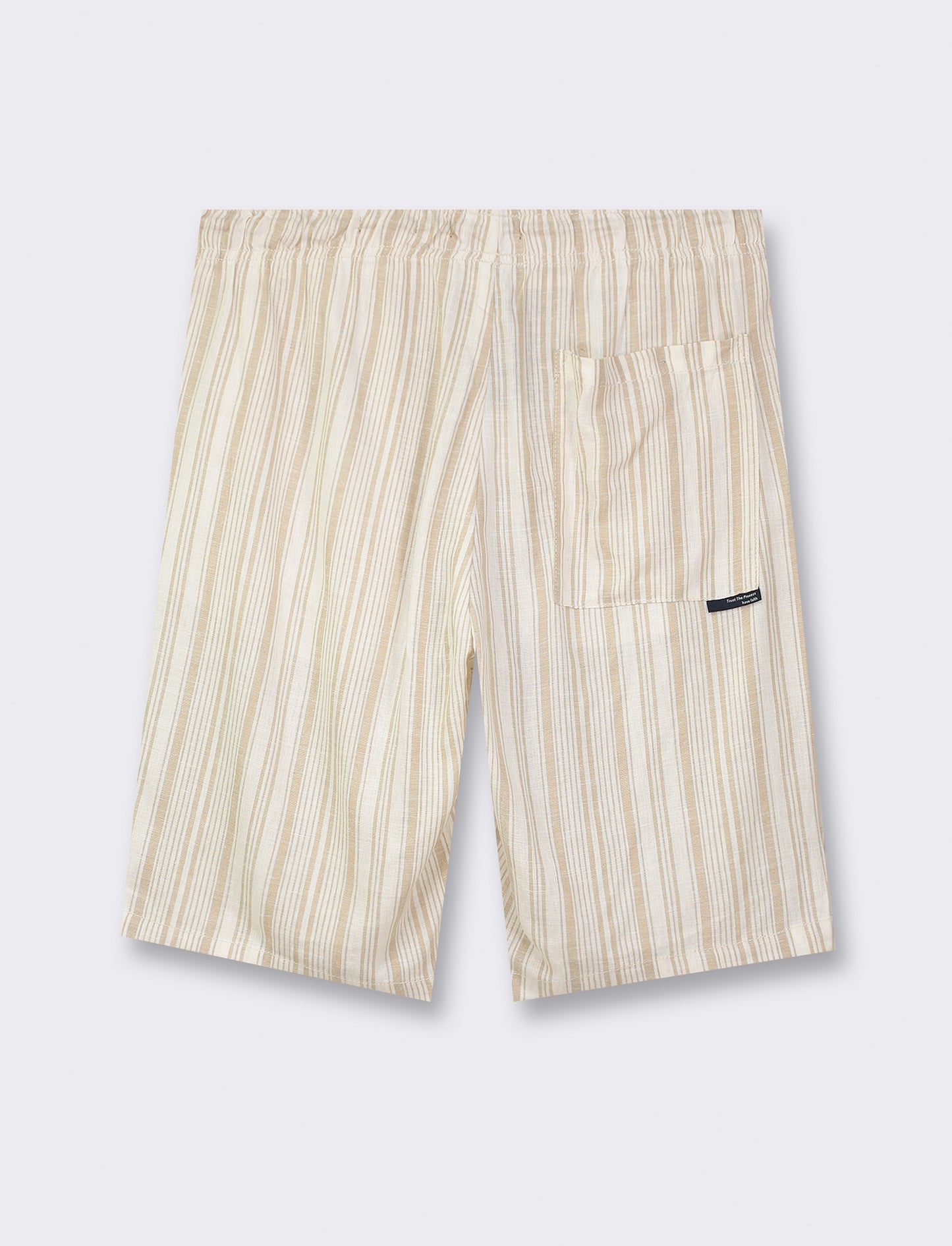 Linen Blend Striped Bermuda Shorts with Adjustable Elastic Waist - Beige