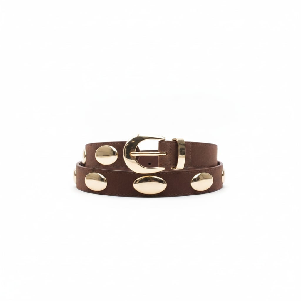Belt with oval stud and metal tip - Brown
