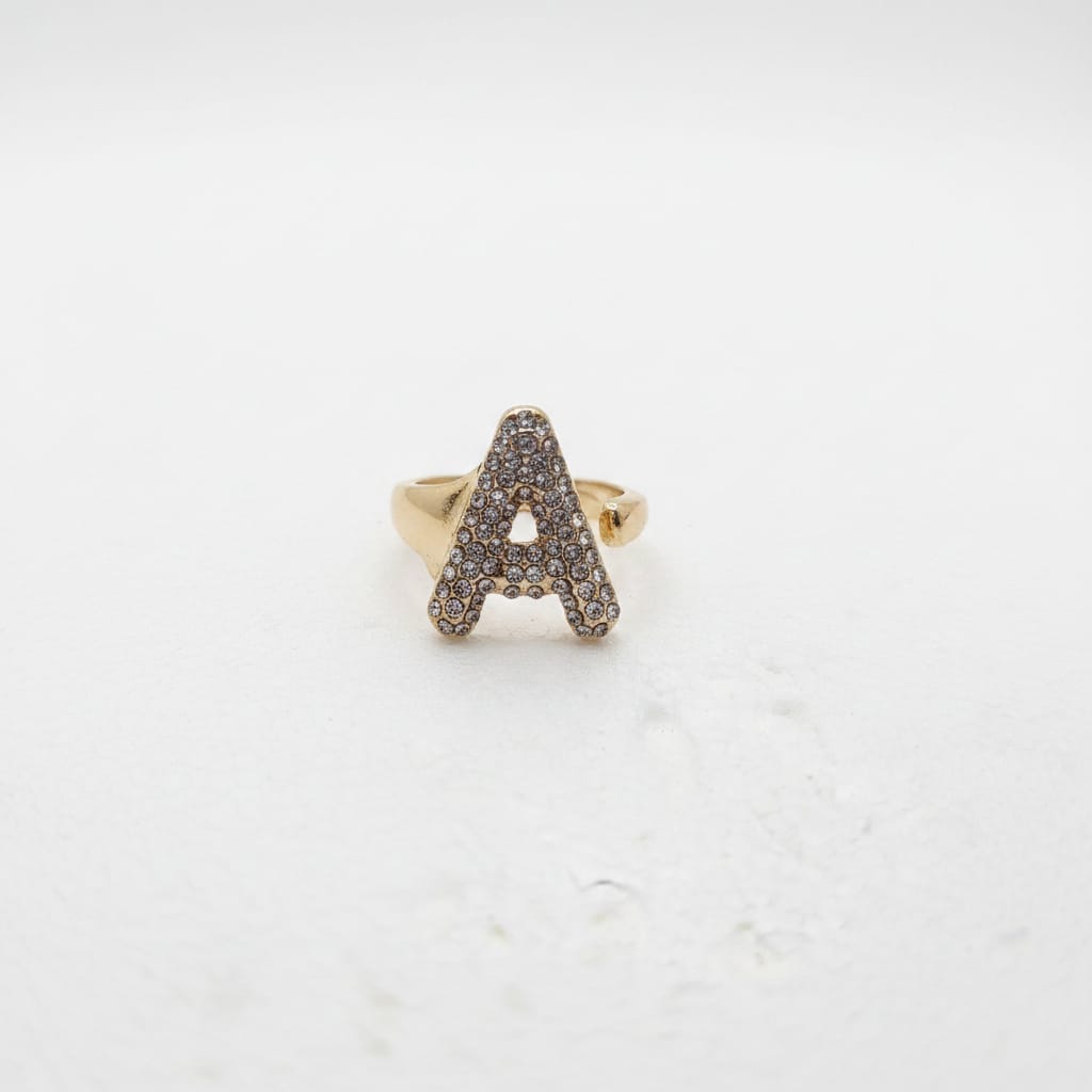 Adjustable letter ring with rhinestones - 