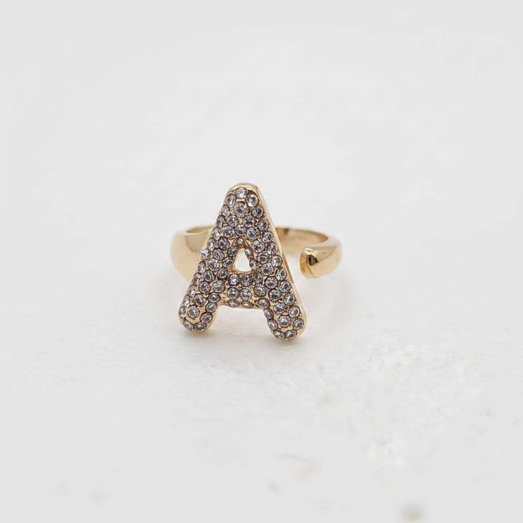 Adjustable letter ring with rhinestones - 