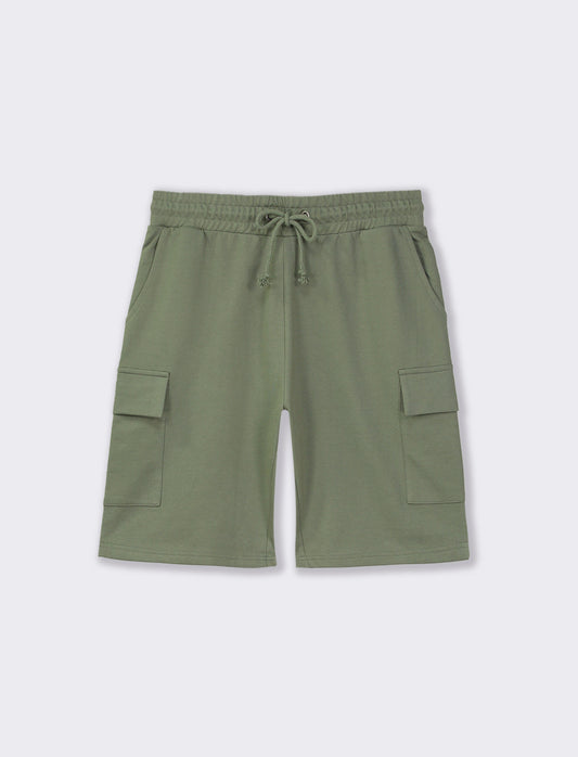 Relaxed Fit Fleece Bermuda Shorts with Adjustable Jogger Waist - Green