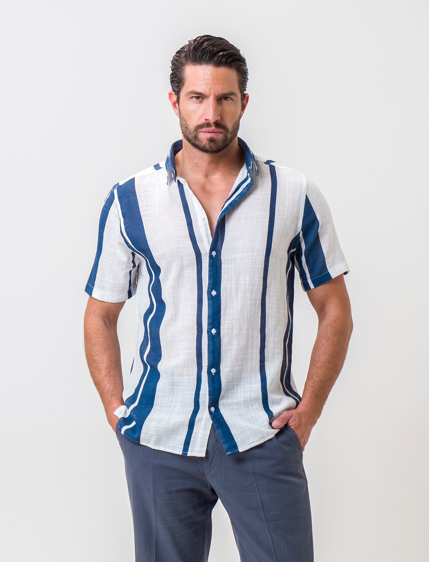 Short Sleeve Relaxed Fit Cotton Gauze Shirt with Revere Collar - Sky blue