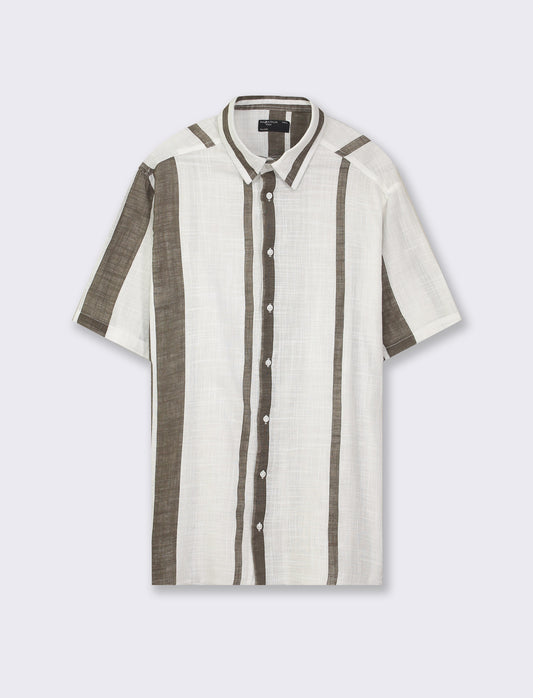 Short Sleeve Relaxed Fit Cotton Gauze Shirt with Revere Collar - Grey