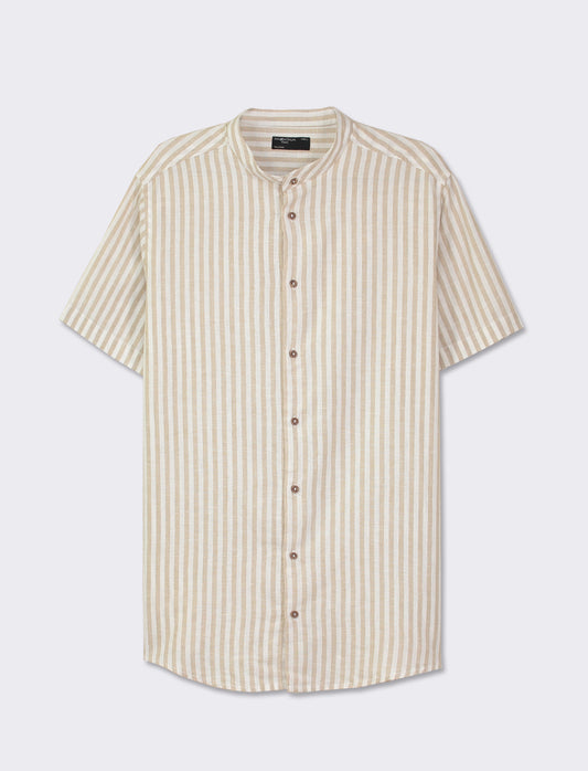 Striped Regular Fit Korean Collar Short Sleeve Shirt - Beige