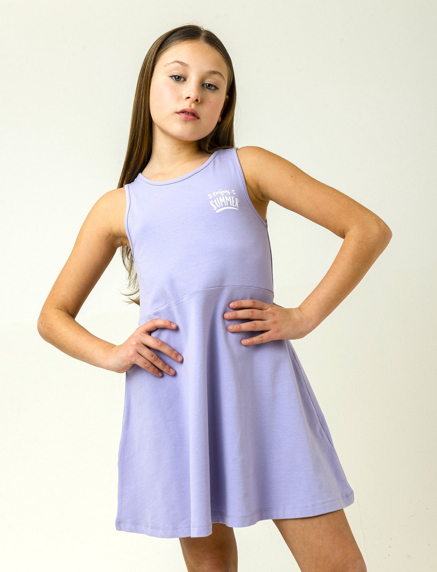 Cotton Stretch Dress with Wide Skirt and Straps - Purple