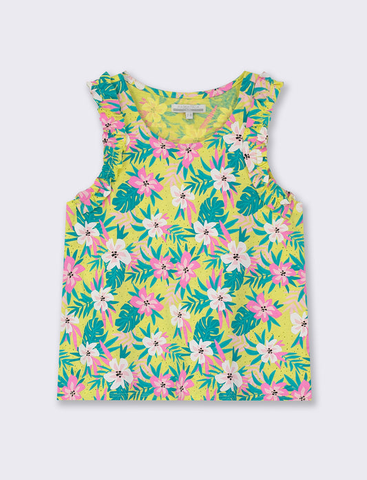 100% Cotton Summer Print Tank Top with Ruffled Straps & Slim Fit - Yellow