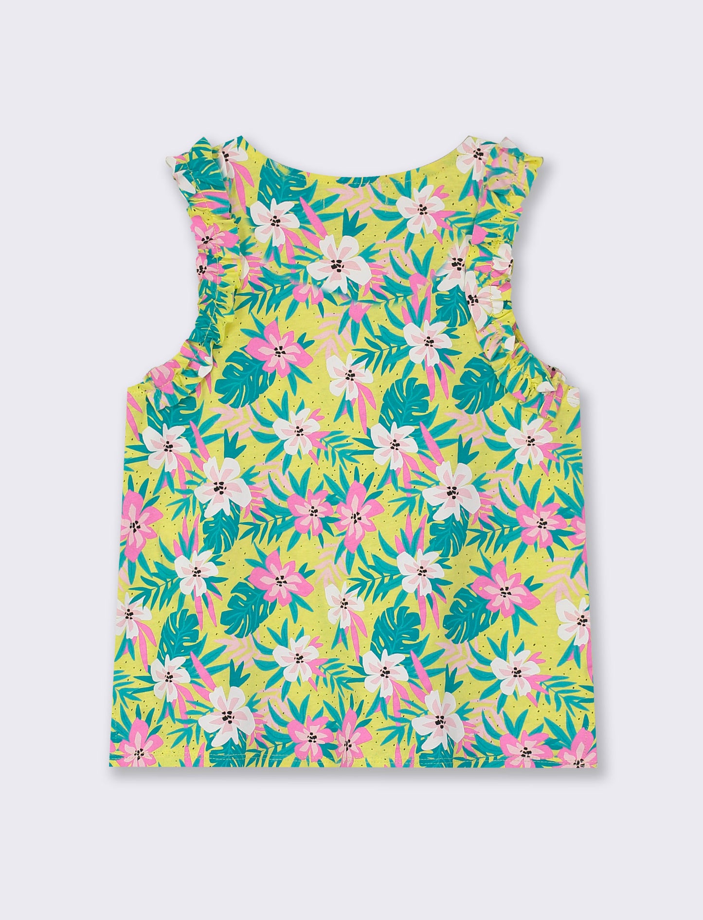 100% Cotton Summer Print Tank Top with Ruffled Straps & Slim Fit - Yellow