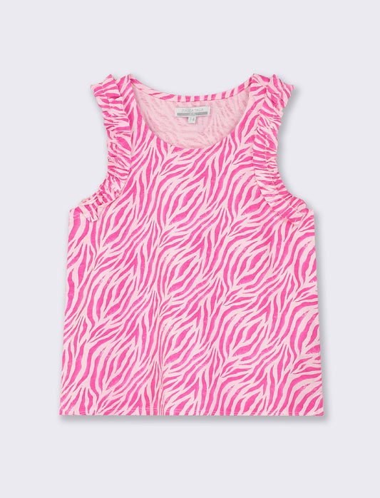 100% Cotton Summer Print Tank Top with Ruffled Straps & Slim Fit - Fuxia