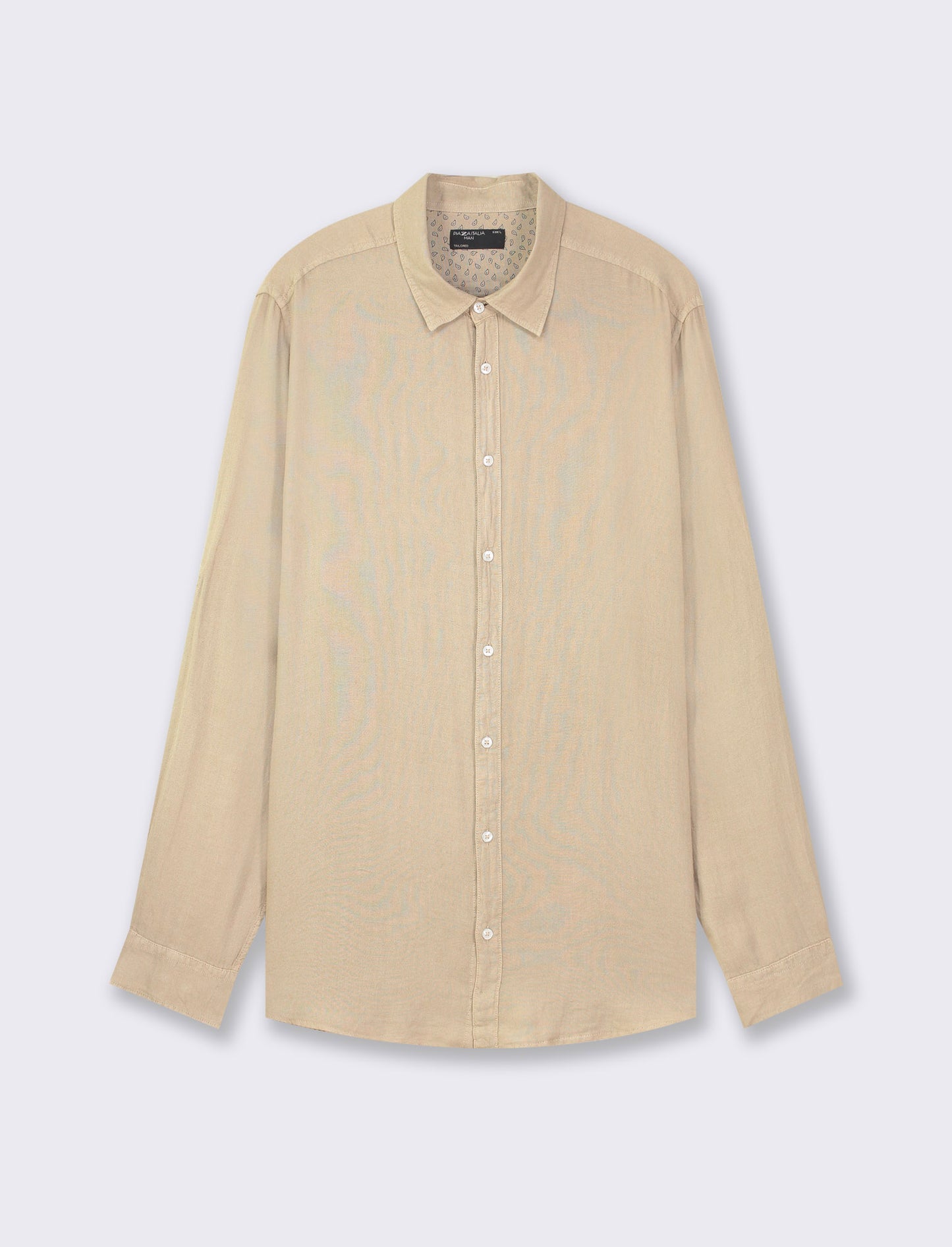 Linen Blend Regular Fit Shirt with French Collar and Long Sleeves - Beige