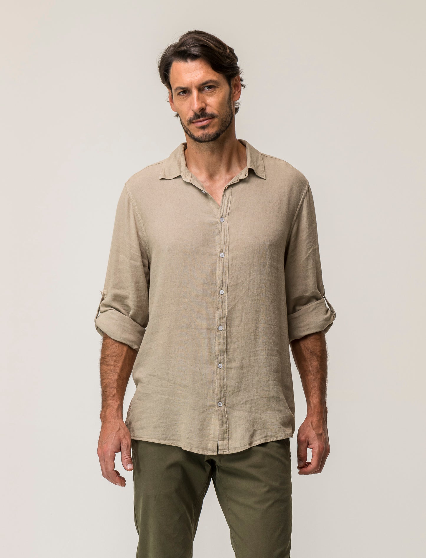 Linen Blend Regular Fit Shirt with French Collar and Long Sleeves - Beige