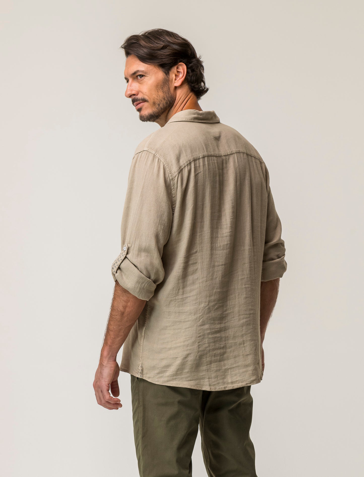 Linen Blend Regular Fit Shirt with French Collar and Long Sleeves - Beige