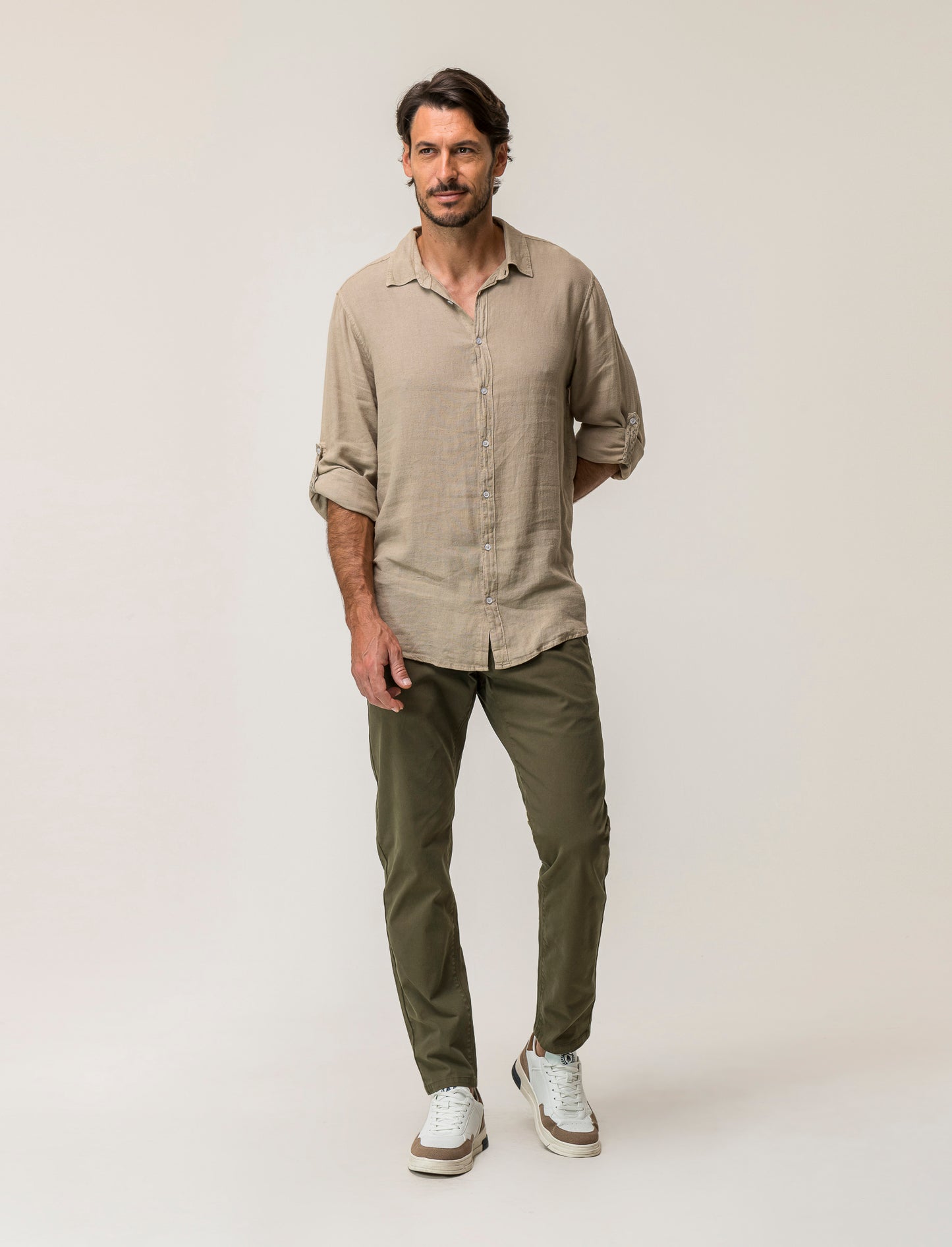 Linen Blend Regular Fit Shirt with French Collar and Long Sleeves - Beige