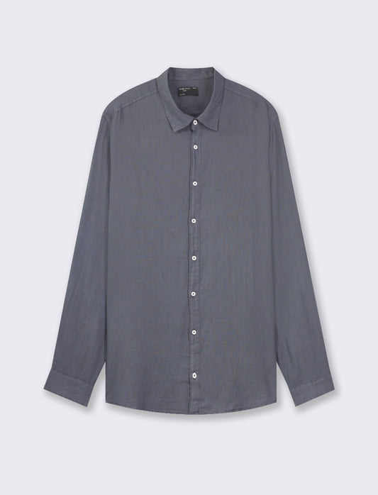 Linen Blend Regular Fit Shirt with French Collar and Long Sleeves - Blue