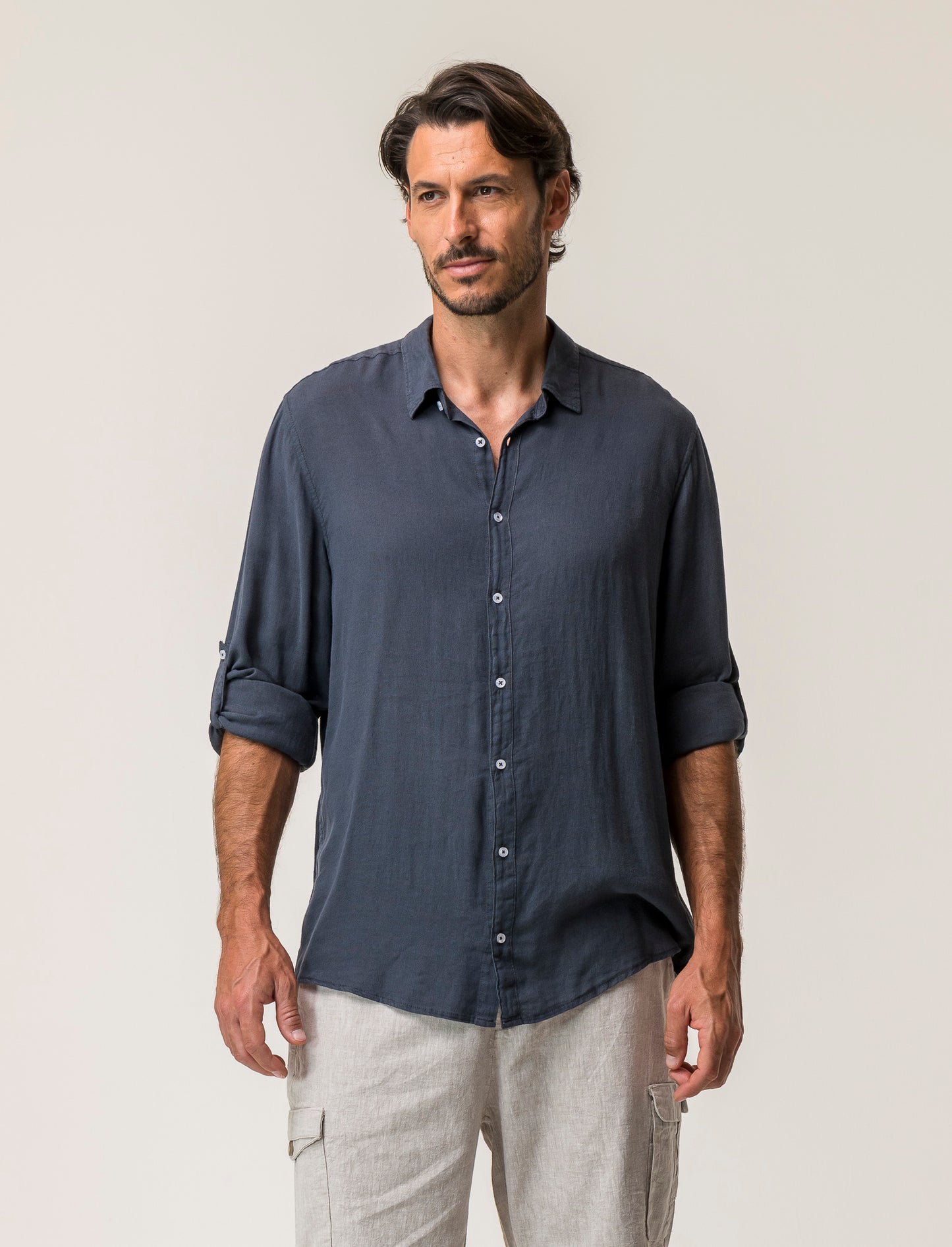 Linen Blend Regular Fit Shirt with French Collar and Long Sleeves - Blue