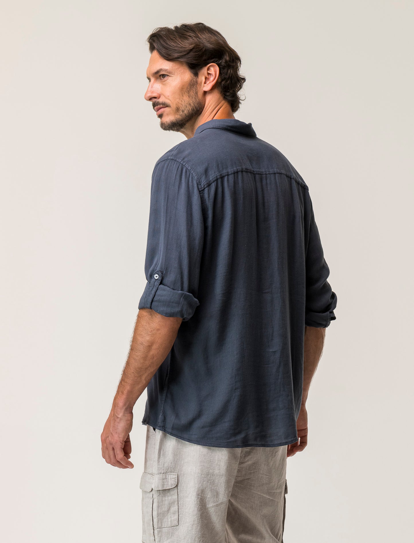 Linen Blend Regular Fit Shirt with French Collar and Long Sleeves - Blue