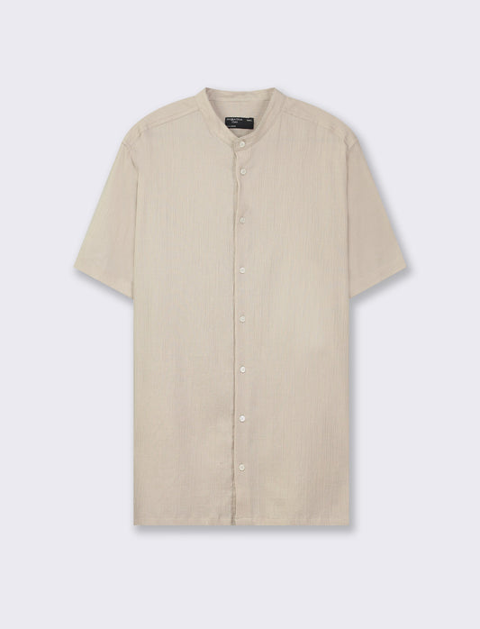 Regular Fit Cotton Crepe Korean Collar Short Sleeve Shirt - Beige