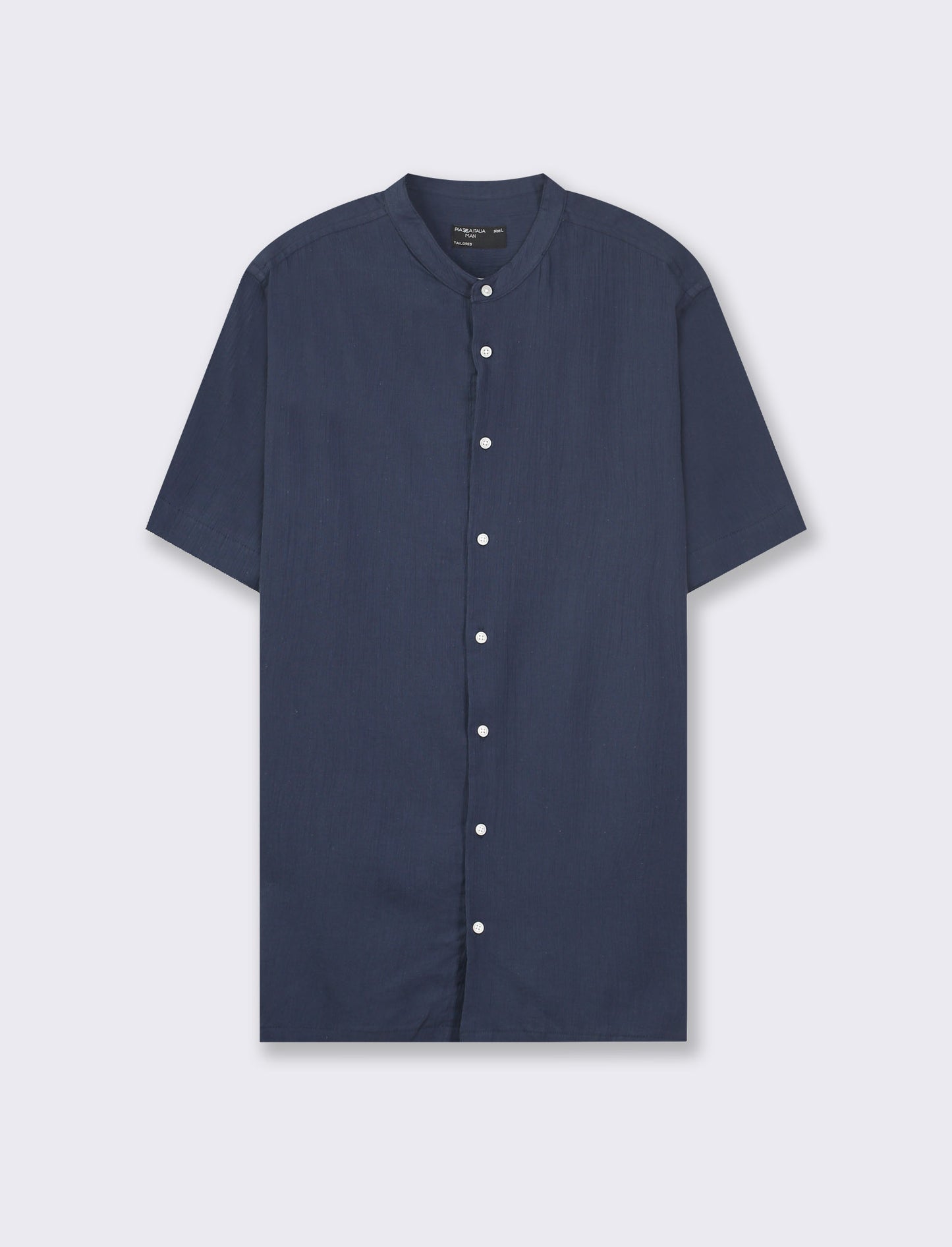 Regular Fit Cotton Crepe Korean Collar Short Sleeve Shirt - Blue