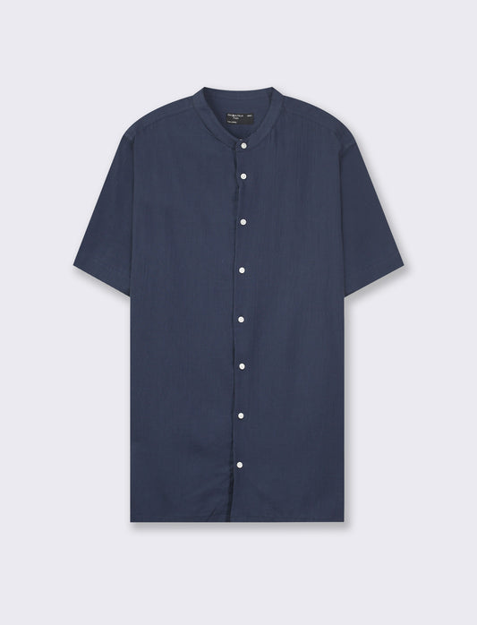 Regular Fit Cotton Crepe Korean Collar Short Sleeve Shirt - Blue