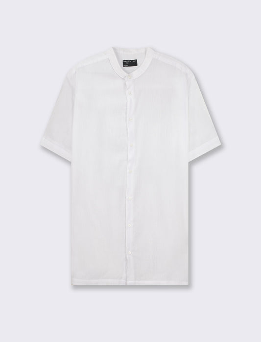 Regular Fit Cotton Crepe Korean Collar Short Sleeve Shirt - White