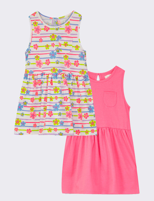 Bipack Jersey Dresses: Solid and Print, 3 Color Options - Fuxia