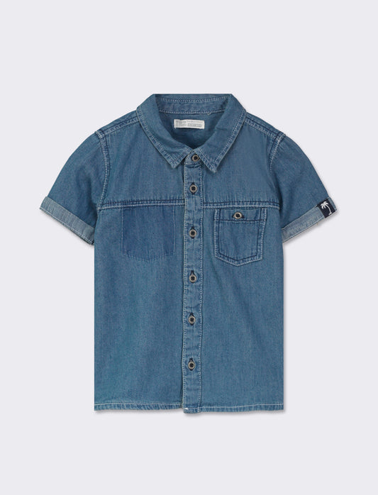 Regular Fit Denim Shirt with Front Button Opening and Chest Pocket - Blue