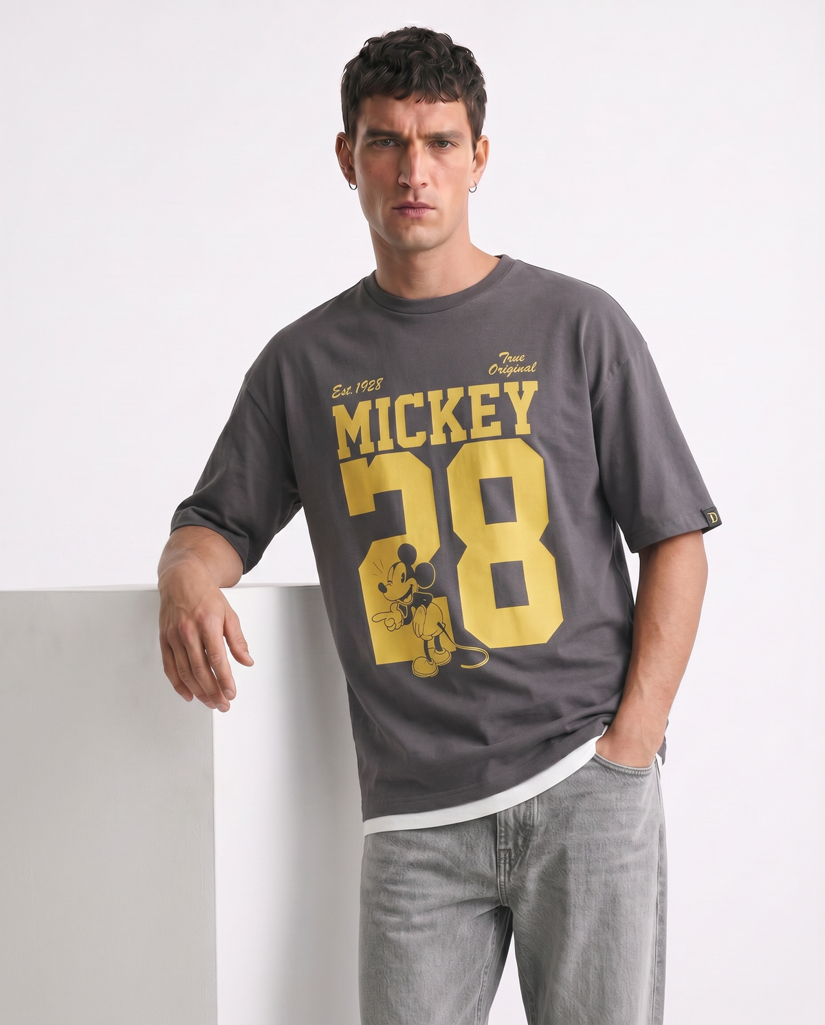 Disney Crew Neck T-Shirt for Men Boxy Fit - Grey