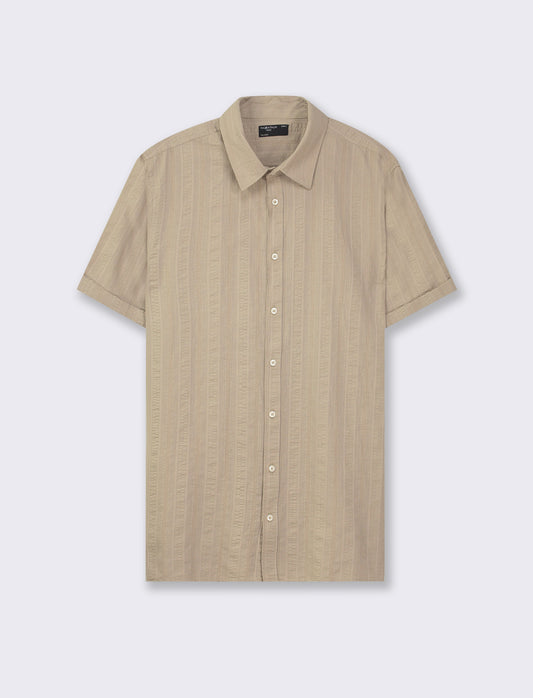 Regular Fit Cotton Shirt with Embroidered Structure, French Collar and Short Sleeves - Beige