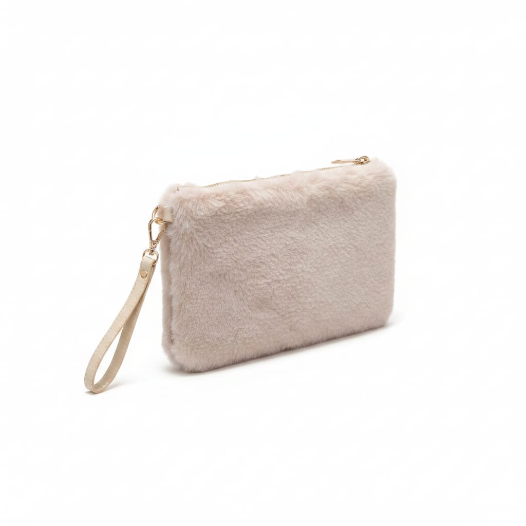 Pochette in finta pelliccia con maniglia - Beige