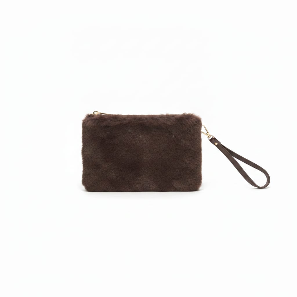 Pochette in finta pelliccia con maniglia - Marrone