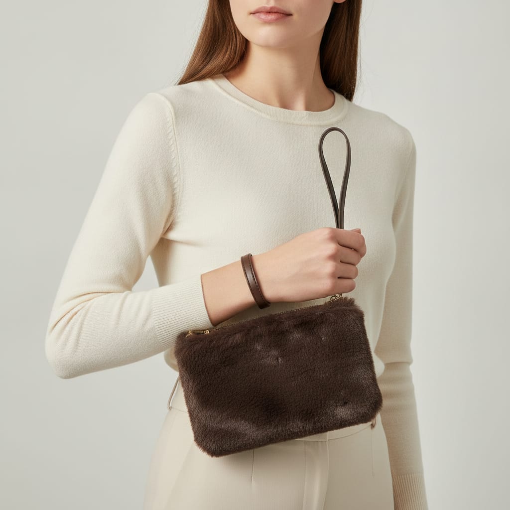 Pochette in finta pelliccia con maniglia - Marrone