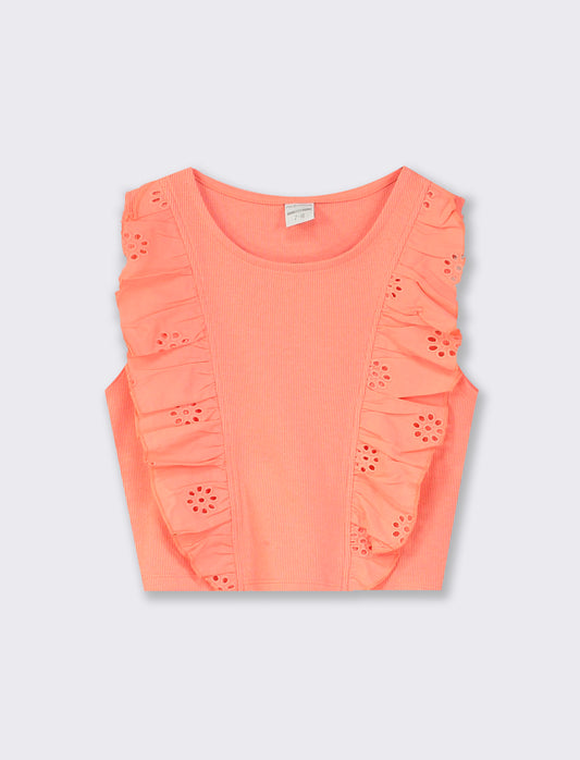 Cotton Tank Top with Sangallo Ruffles - Orange