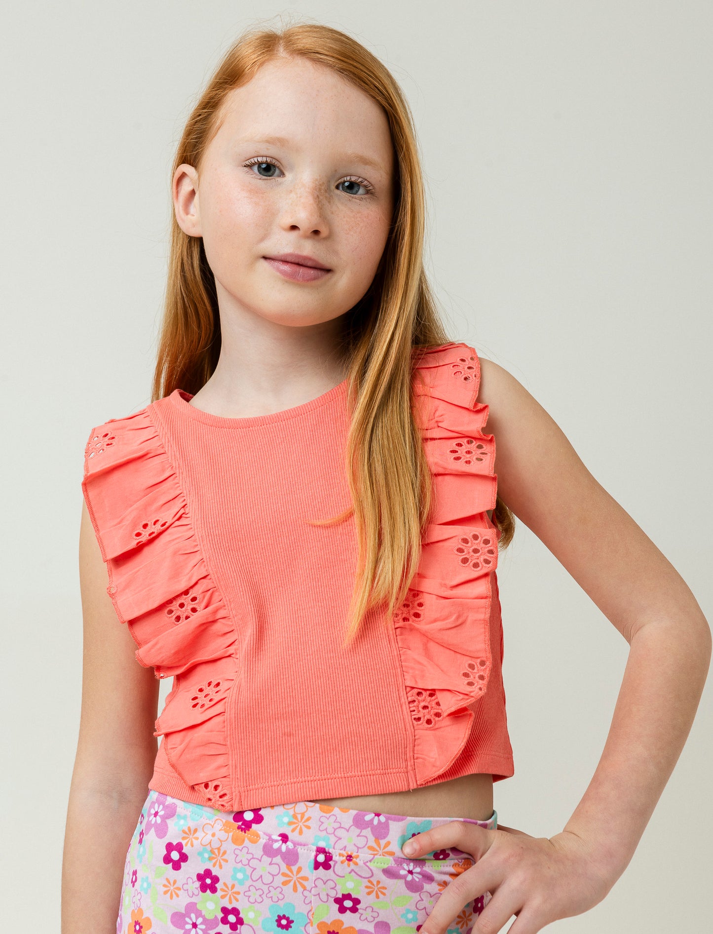 Cotton Tank Top with Sangallo Ruffles - Orange