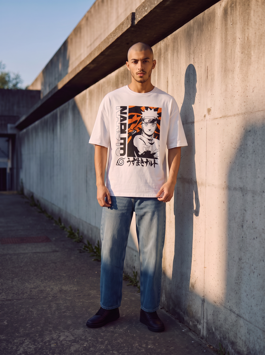 T-Shirt Naruto Uomo Boxy Fit Cotone - Bianco