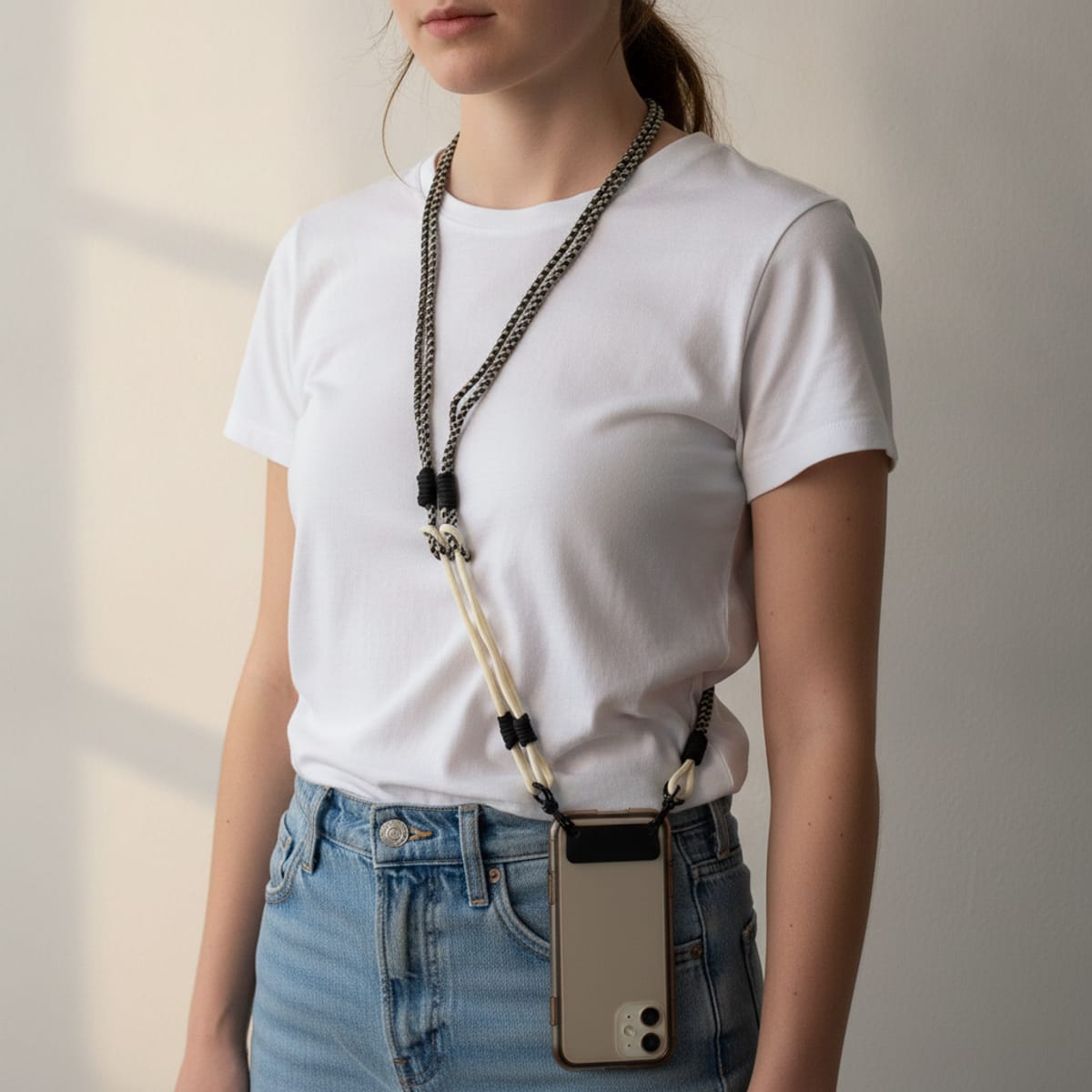 Double Cord Lanyard for Mobile Phone - White