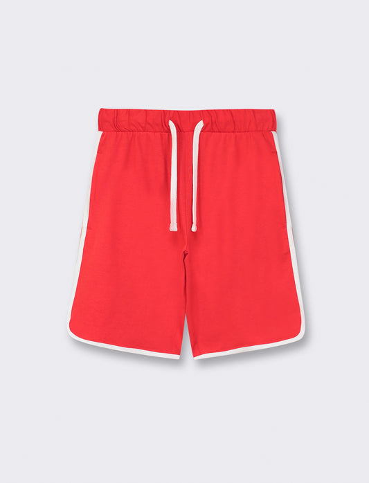 Cotton Jersey Bermuda Shorts with Drawstring Waist and Contrast Side Bands - Red