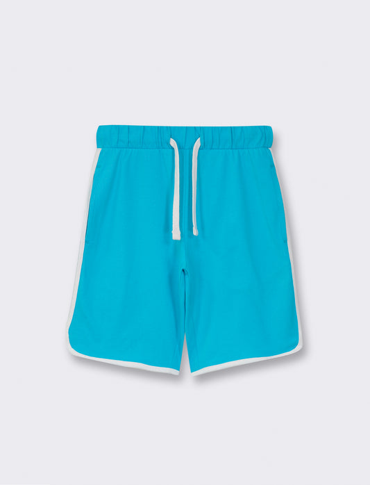 Cotton Jersey Bermuda Shorts with Drawstring Waist and Contrast Side Bands - Sky blue