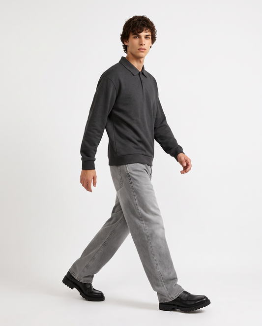 Regular fit polo sweatshirt in interlock - Grey