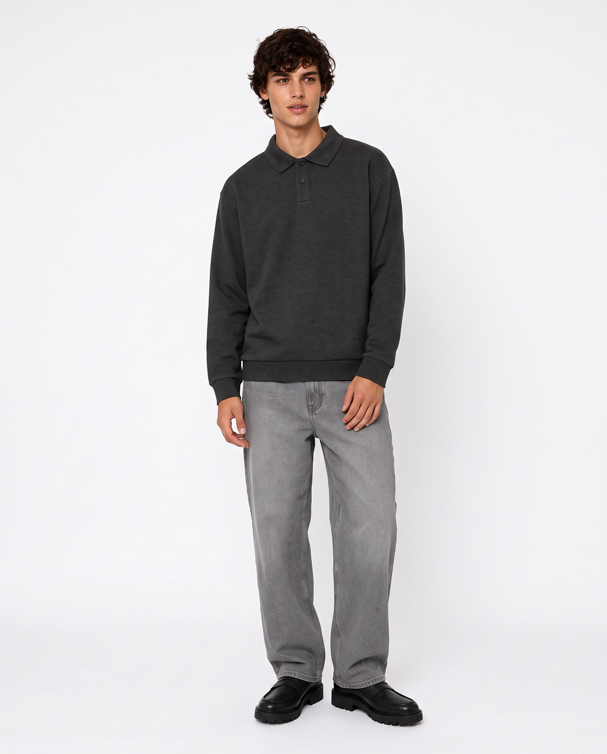 Regular fit polo sweatshirt in interlock - Grey