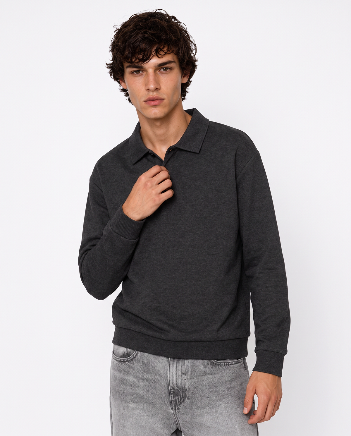 Regular fit polo sweatshirt in interlock - Grey
