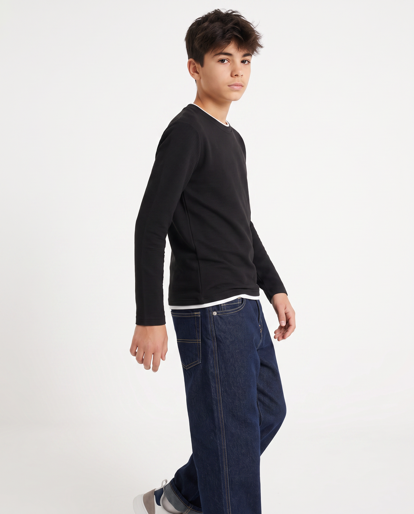 T-shirt girocollo minimal in cotone waffle - Nero