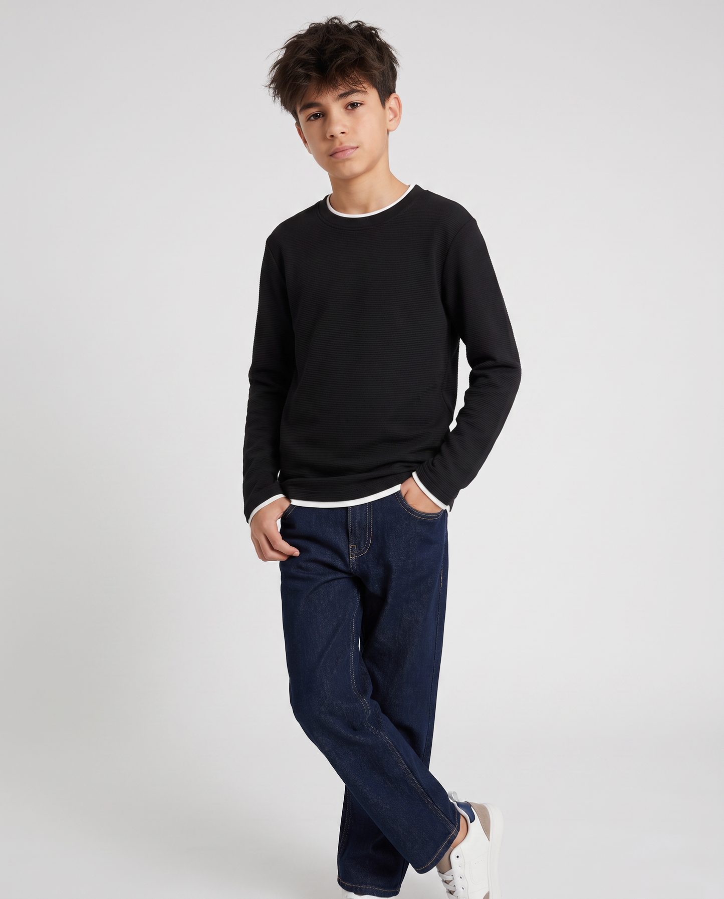 T-shirt girocollo minimal in cotone waffle - Nero