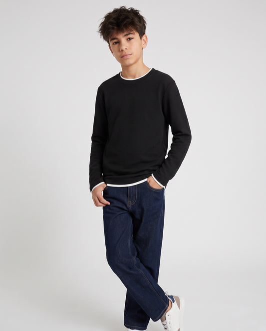 T-shirt girocollo minimal in cotone waffle - Nero