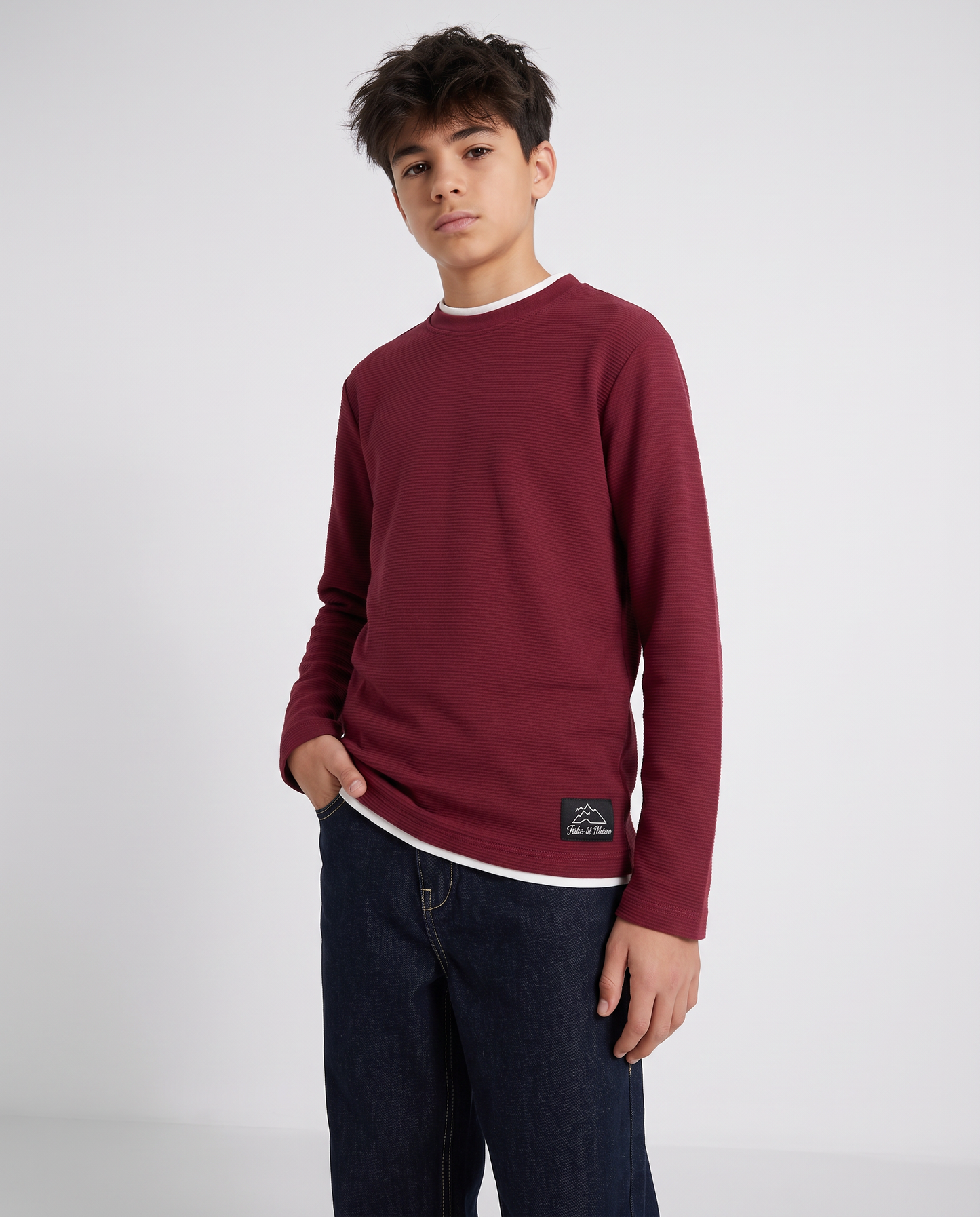 T-shirt girocollo minimal in cotone waffle - Bordeaux